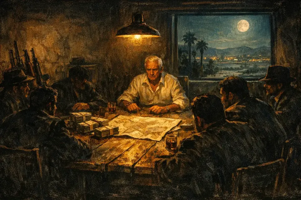 Reunión nocturna en una casa del desierto: hombres alrededor de una mesa con un mapa y dinero, un jefe mayor en la cabecera