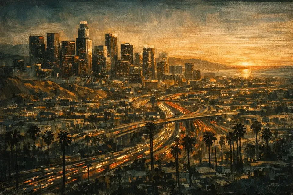 Vista aérea de la ciudad al atardecer: torres del centro, autopistas y palmeras