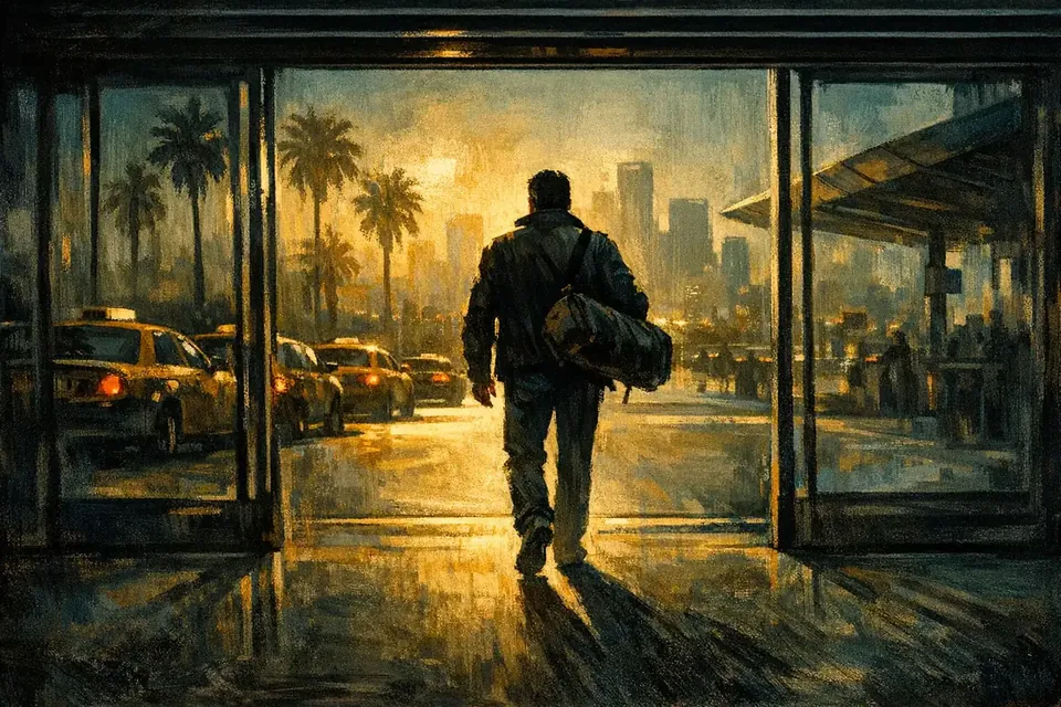 Un viajero con un bolso al hombro sale de la terminal del aeropuerto hacia la ciudad al atardecer