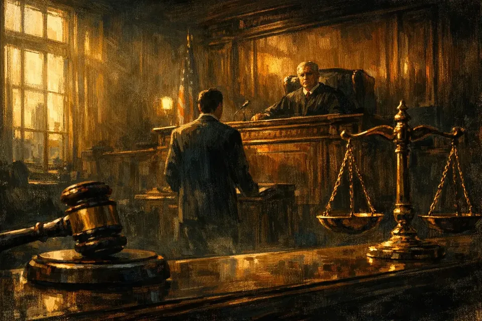 Una sala de tribunal de madera oscura con un juez en el estrado