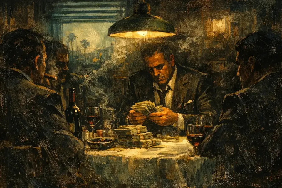 La trastienda de un restaurante: hombres de traje alrededor de una mesa, uno contando billetes