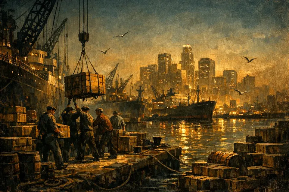 Estibadores descargando cajones en un muelle al atardecer, con barcos, grúas y la ciudad detrás