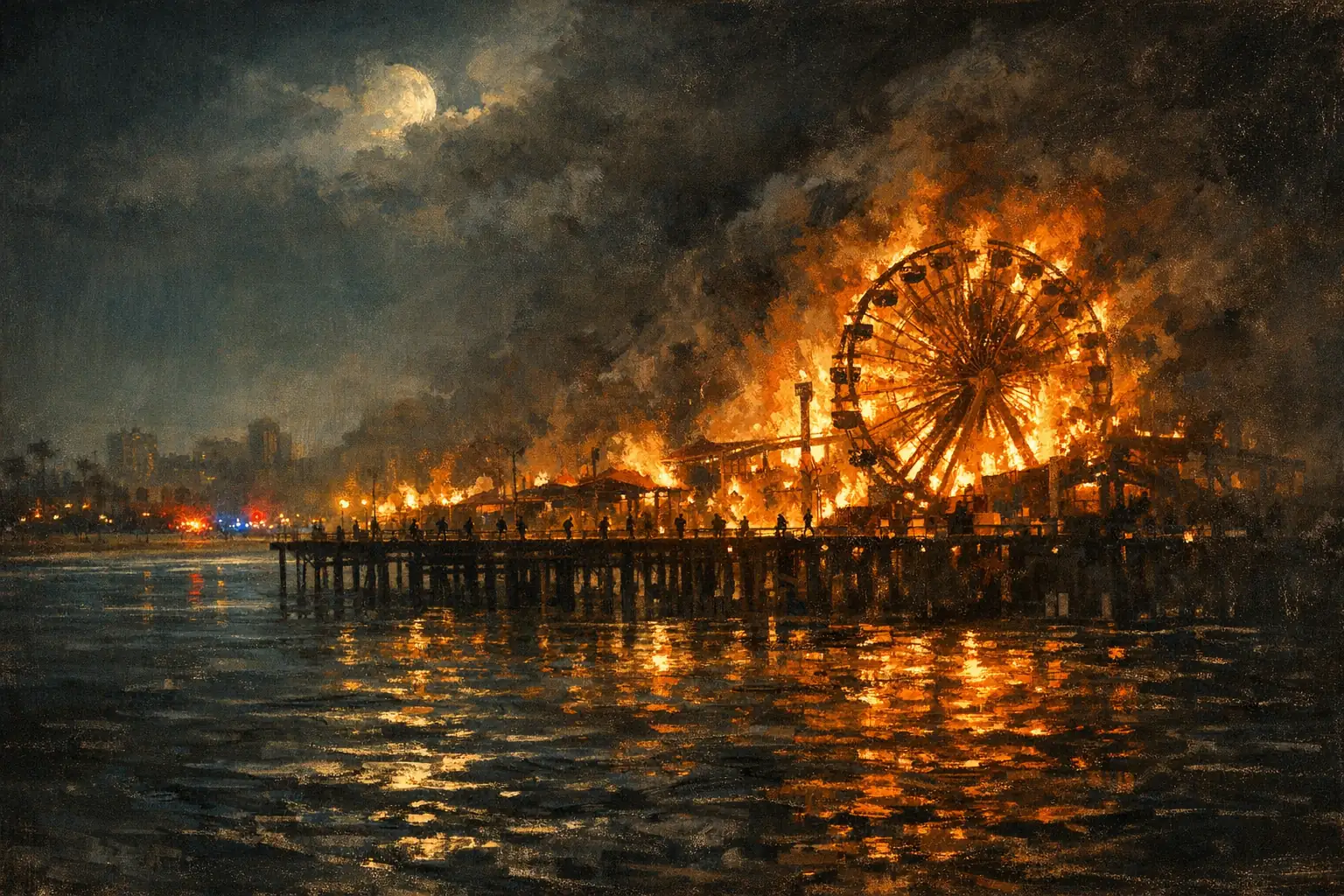 Un muelle de madera ardiendo de noche sobre la bahía, con la noria en llamas reflejada en el agua