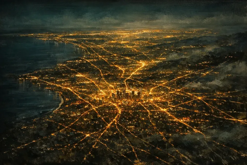La ciudad de noche vista desde muy alto, con las calles como venas de luz